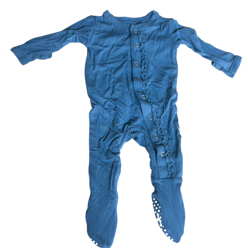 Kickee Pants NB blue ruffle snap footed one piece